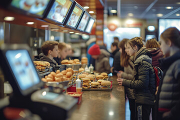 Children buy burgers at a fast food restaurant.