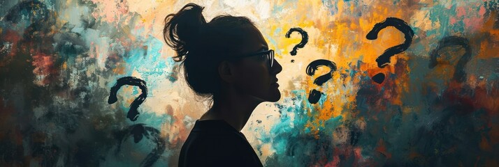 woman face vibrant abstract background with floating question marks, curiosity and contemplation - obrazy, fototapety, plakaty