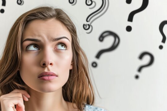 Pensive young woman with swirling question marks above, symbolizing deep thought and contemplation