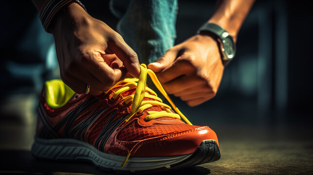 Person tying a shoe, Person tying their shoes, Tying sports shoes close shot, Ai generated image