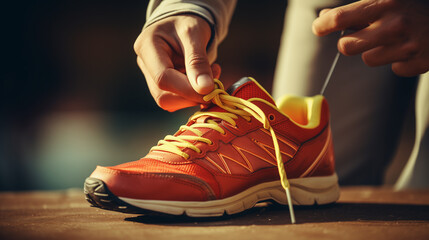 Person tying a shoe, Person tying their shoes, Tying sports shoes close shot, Ai generated image - obrazy, fototapety, plakaty