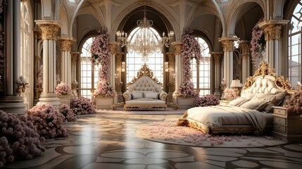 Ornate bedroom with pink flowers and large windows - obrazy, fototapety, plakaty
