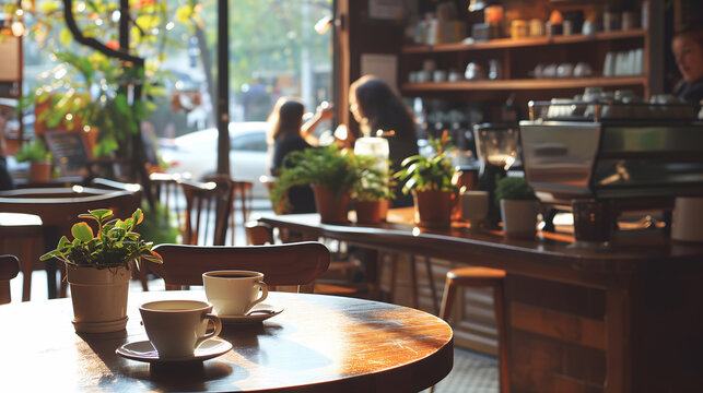 Cinematic scene of two cups of coffee in cozy cafe coffee shop warm morning.