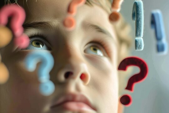 Close-up of child face, eyes filled with curiosity, colorful question marks floating around,