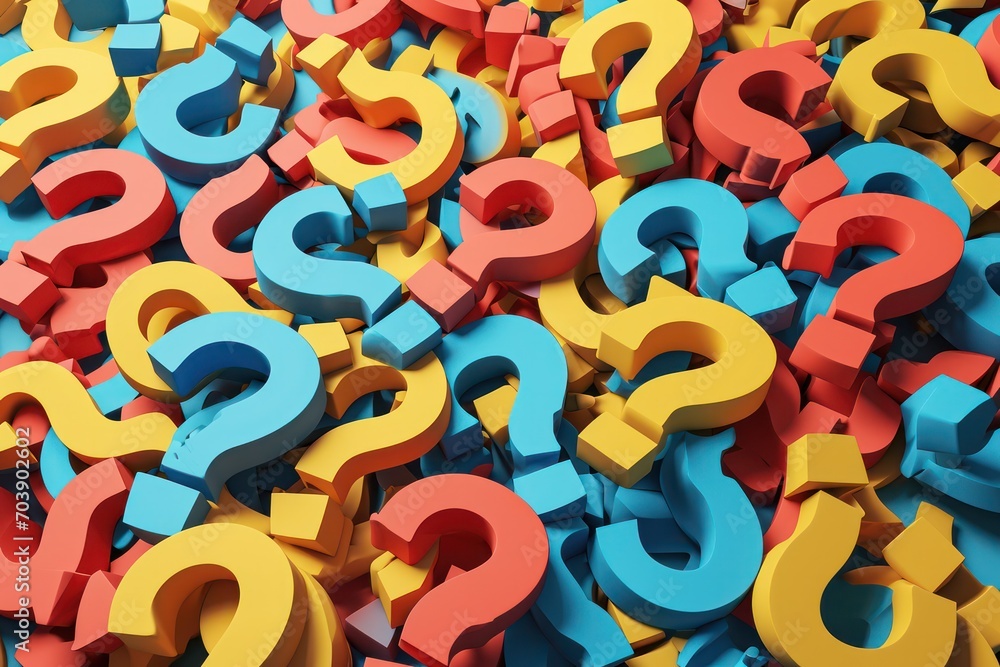 Poster sea of colorful 3d question marks, representing a multitude of thoughts and decisions