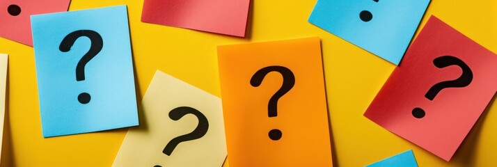 Colorful post-it notes with question marks on a vivid yellow background, decision-making concept