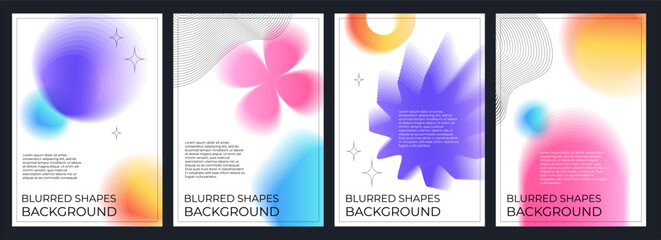 A set of abstract posters with blurred shapes. Gradient template in retrofuturism style, retro wave, y2k, 2000s. Bright acidic colors on a white background