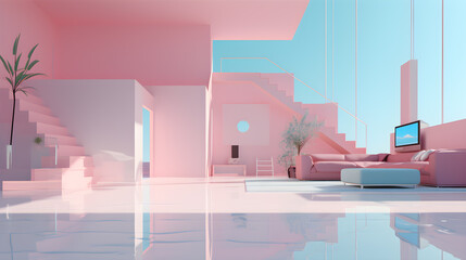 The room is designed with minimalistic and futuristic elements, utilizing a color palette dominated by shades of pink and blue. generative AI