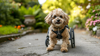 A maltipoo dog in a wheelchair is happily walking outdoors on the street. generative AI. - obrazy, fototapety, plakaty