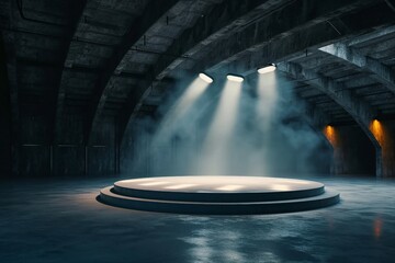Perspective view dark smokey garage interior with spotlight and round pedestal on concrete floor, product presentation background and empty stage concept. 3D Rendering, mockup. generative ai. - obrazy, fototapety, plakaty