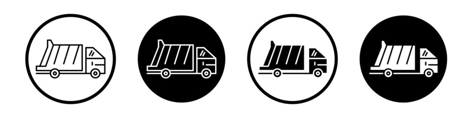 Garbage truck icon set. waste and trash recycle lorry vector symbol in a black filled and outlined style. Fast rubbish load truck sign.