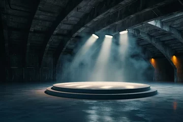 Foto auf Acrylglas Perspective view dark smokey garage interior with spotlight and round pedestal on concrete floor, product presentation background and empty stage concept. 3D Rendering, mockup. generative ai. © SEUNGJIN