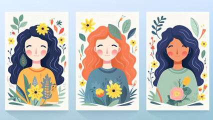 Serene illustration of three woman in meditation at natures, sense of peace, connection with environment, mindfulness, tranquility, well-being, inner peace. Mental Health Awareness
