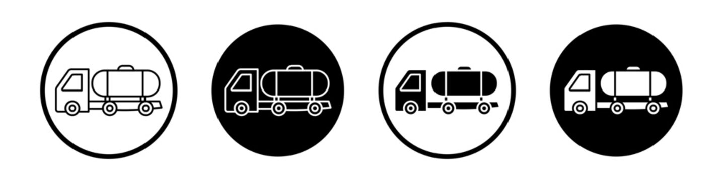 Tank truck icon set. Fuel and oil container truck vector symbol in a black filled and outlined style. Large diesel and petroleum lorry sign.