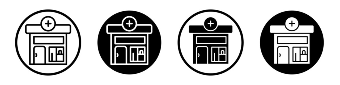 Pharmacy icon set. pharmacist drugstore builiding vector symbol in a black filled and outlined style. Medicine shop sign.