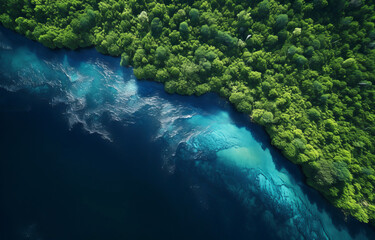 Naklejka na ściany i meble Aerial view of greenery landscape with turquoise river and forest, natural boundary. Blue water and green foliage contrast, beauty of untouched natural environment and sustainable ecosystem. Earth day