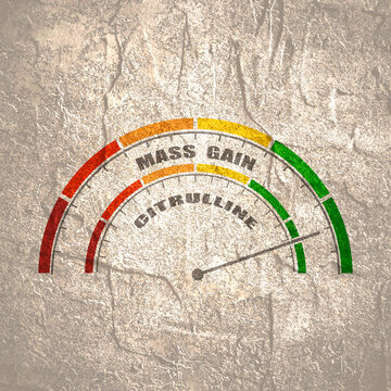 Abstract measuring device. Influence of citrulline on muscle mass building. Scales of cause and effect.