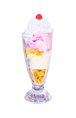 Red cherry and white whipped cream on top in Vanilla and strawberry Sundaes ice cream and on clear glass Isolated on a transparent Background, PNG Flie