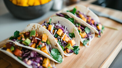 Mexican street food poke tacos with vegetables, salad, avocado, fish. cultures mix fusion....