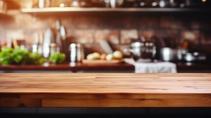 Obraz na płótnie Canvas Elegant Wooden Tabletop with Blurred Modern Kitchen Background