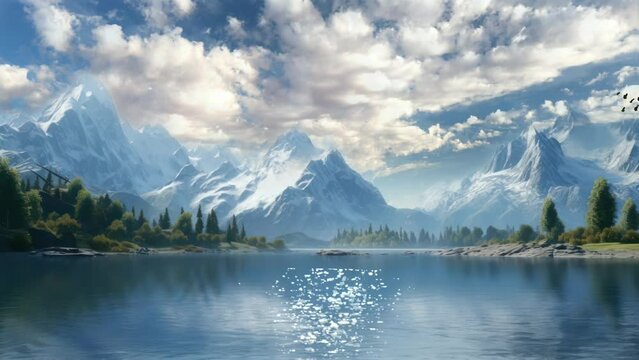 Beautiful lake and mountain views. seamless looping virtual 4k video animation background. Generated with AI
