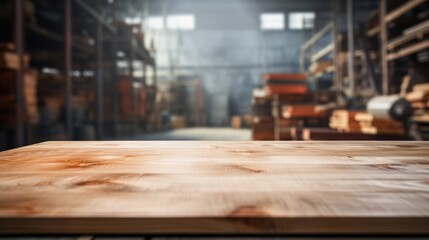 "Smooth Wooden Tabletop with Foreground Focus in Warehouse