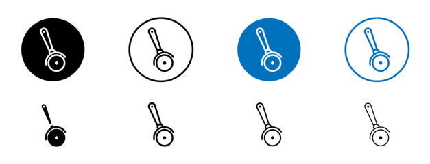 Slicer pizza line icon set. Pizza roll circle cutter symbol in black and blue color.