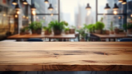 Fototapeta na wymiar Stylish Wooden Table with a Blurred Cafe Background