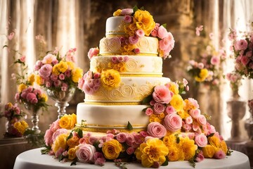 Obraz na płótnie Canvas Picture a divine wedding cake, bathed in perfect lighting, adorned with lavish yellow and pink flower arrangements.