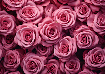 Beautiful pink rose and red artificial roses as a background. Valentine's day background