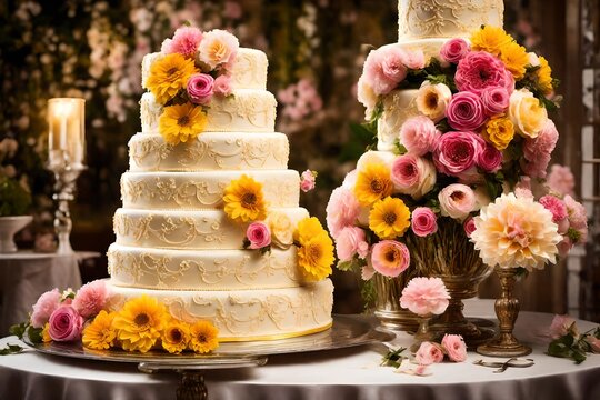 Picture a divine wedding cake, bathed in perfect lighting, adorned with lavish yellow and pink flower arrangements. 

