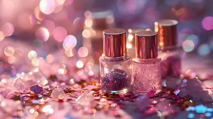 Beauty accessories with the inclusion of sparkling glitters stored in containers, featuring hues of...