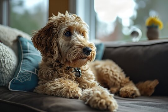 A Golden Labradoodle dog at home 
