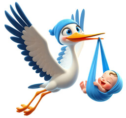 Stork carrying a cute baby in a white cotton bag, png isolated. generative ai.