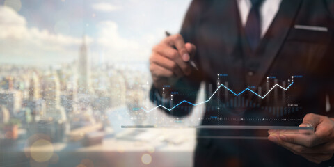 Analyst uses dashboard for data business analysis, Data Management System with KPI and metrics...