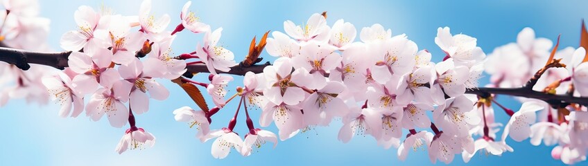 Branches of blossoming cherry macro with soft focus on gentle light blue sky background in sunlight with copy space