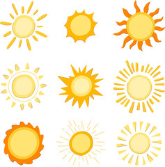 sun set cartoon. sunny light, sunlight yellow, shine sky sun sign. isolated symbol vector illustration