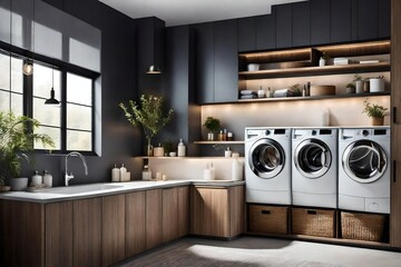 Craft an image that brings to life the serene and functional ambiance of a modern laundry room interior.

 - obrazy, fototapety, plakaty