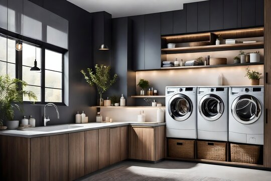 Craft an image that brings to life the serene and functional ambiance of a modern laundry room interior.

