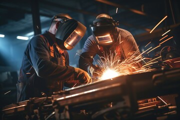 Two industrial welders in protective gear working on a metal structure with sparks flying - obrazy, fototapety, plakaty
