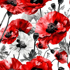Seamless patterns watercolor painting high detailed, with high contrast, vintage poppy flower pattern.no.03