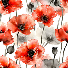 Seamless patterns watercolor painting high detailed, with high contrast, vintage poppy flower pattern.no.02