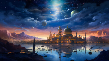 Islamic background mosque and the moon in the night sky full of stars ramadan kareem