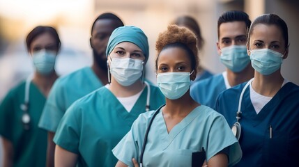 Group of doctors with face masks looking at camera, male and female doctors portrait looking at camera.