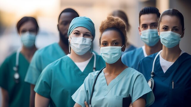 Group of doctors with face masks looking at camera, male and female doctors portrait looking at camera.