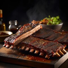 A rack of delicious smoked pork ribs with a side of greens and cornbread