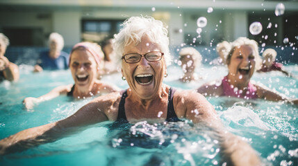 Senior women enjoying  swimming class in a pool. displaying joy and camaraderie, embodying a healthy, retired lifestyle.