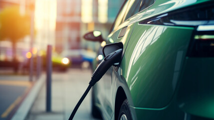 Close up of Modern electric vehicle (EV) plugged into a charging station, showcasing advanced green technology