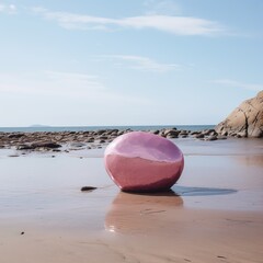 Large pink reflective sculpture on beach at low tide