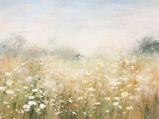 Naklejka premium Field of daisies in bloom with a hazy blue sky